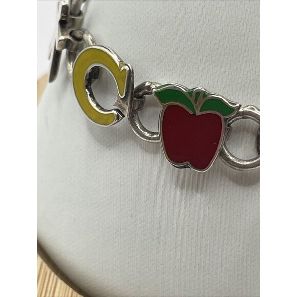 Mexico 925 Silver Enamel ABC Teacher Children Kids Chain Bracelet Vintage A277 - Picture 16 of 16